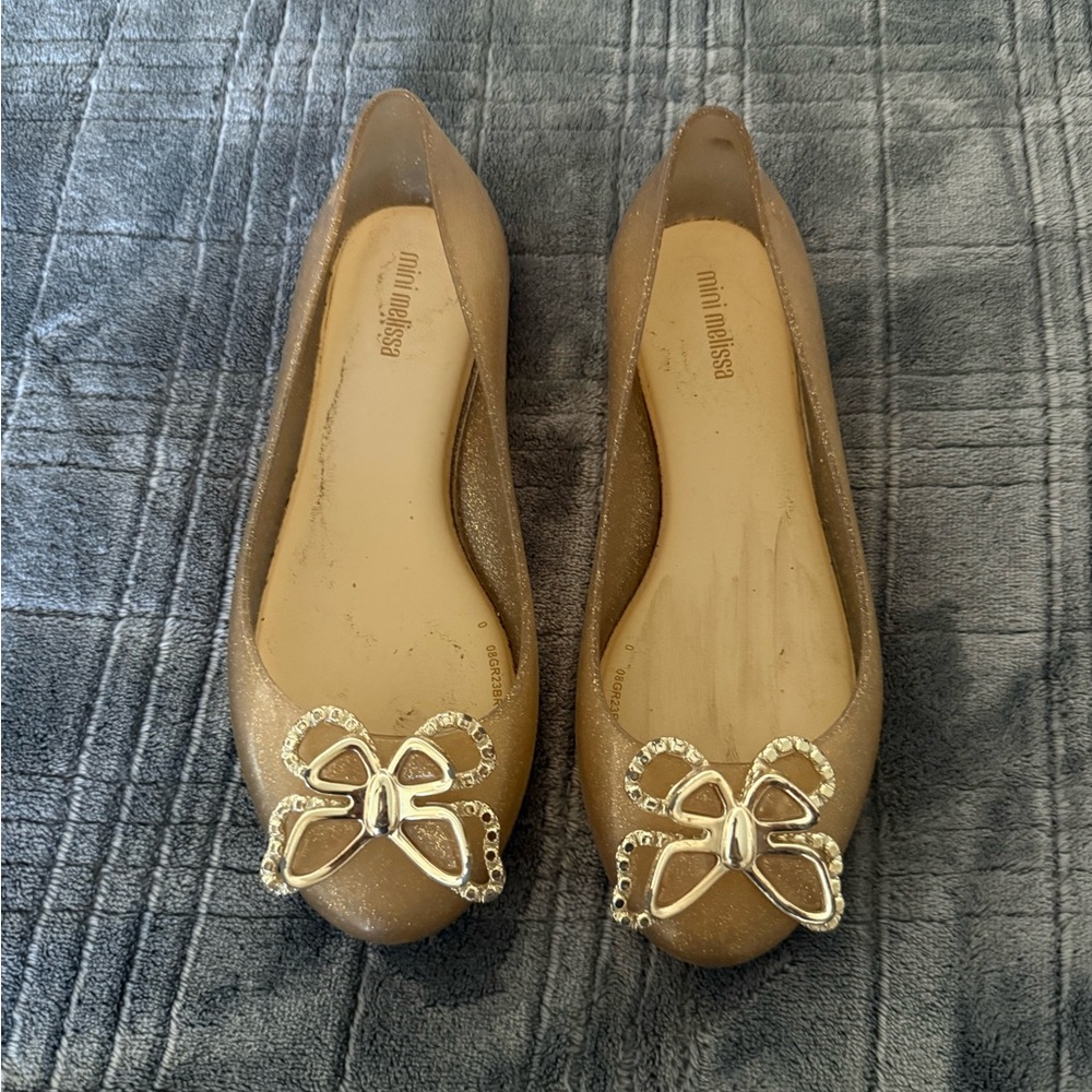 Mini Melissa Glittery Tan Flats with Silver Bow